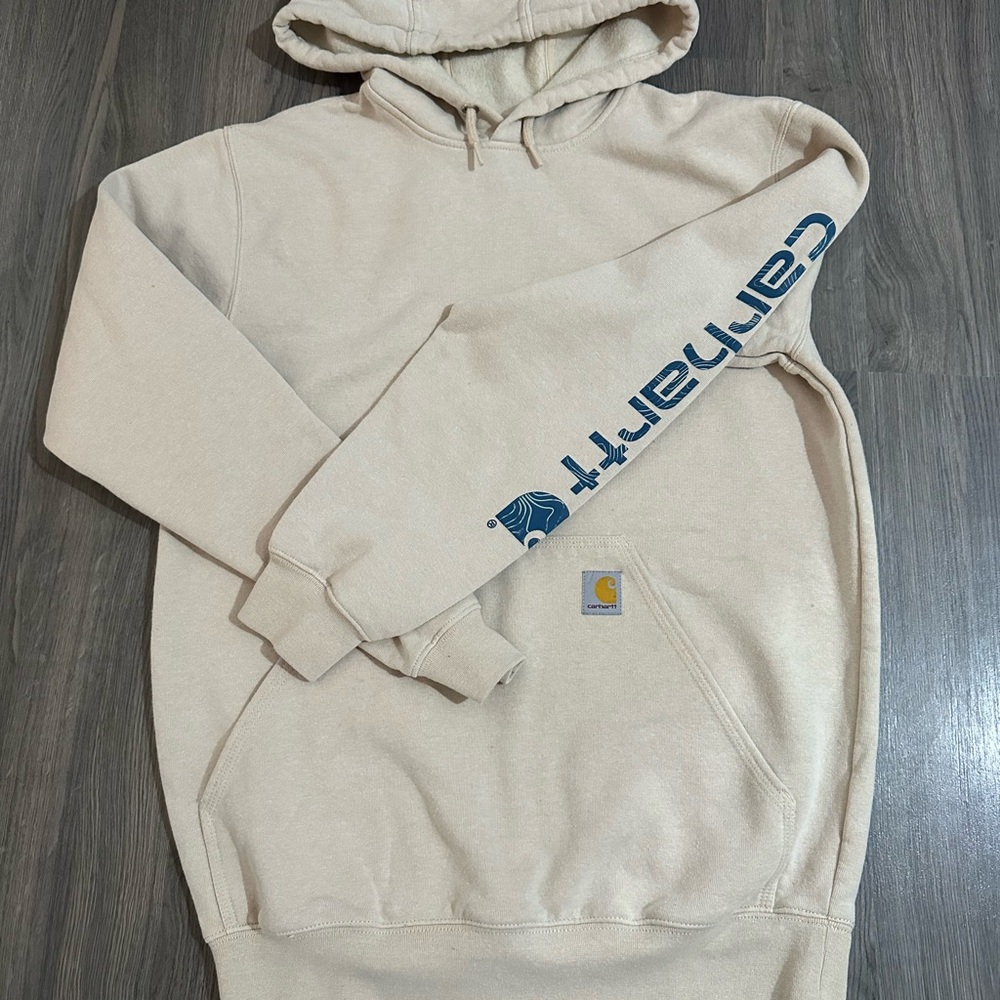 Carhartt Men's Tan Hoodie with Blue Logo